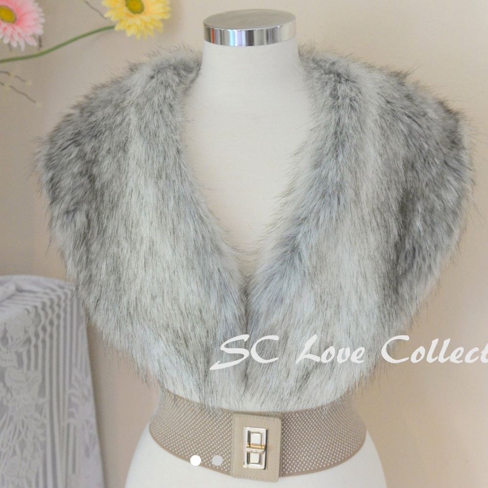 Gray Silver Faux Fur Stole Scarf Shawl